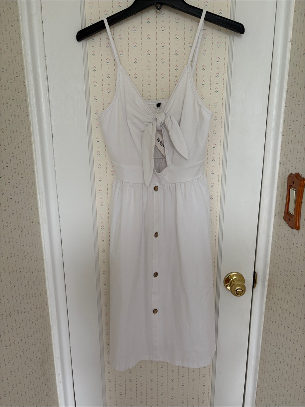 ePretty White Tie-Front Button Midi Dress with Spaghetti Straps